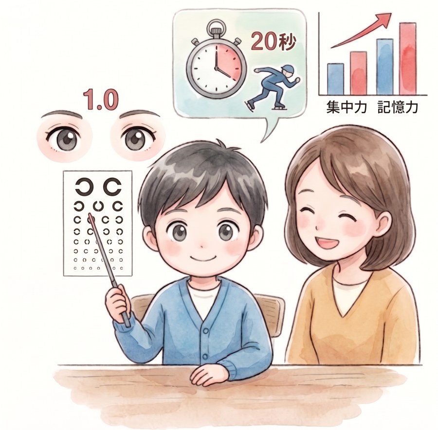 視力表を指す男の子と、喜ぶお母さん
