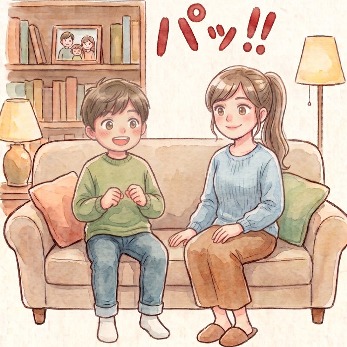 ソファで親子一緒にトレーニングする様子