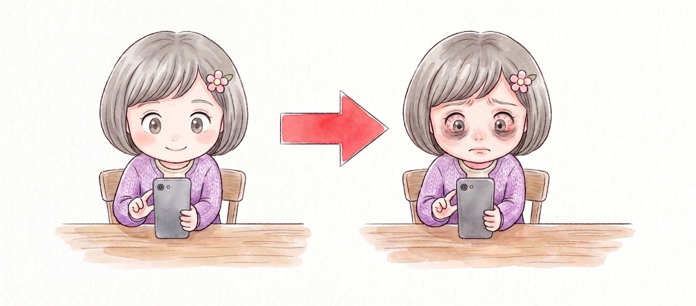スマホを見続けて、目が疲れていく子ども